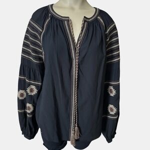 Apricot Brand Shirt Top Size 6 Black  Embroider Viscose Blend Aztec Boho Tassels